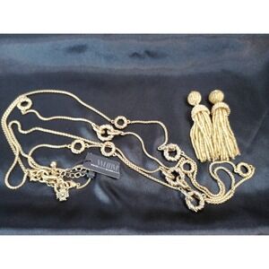 White House Black Market Gold Tone Long Necklace with Baublebar Tassel Earrings